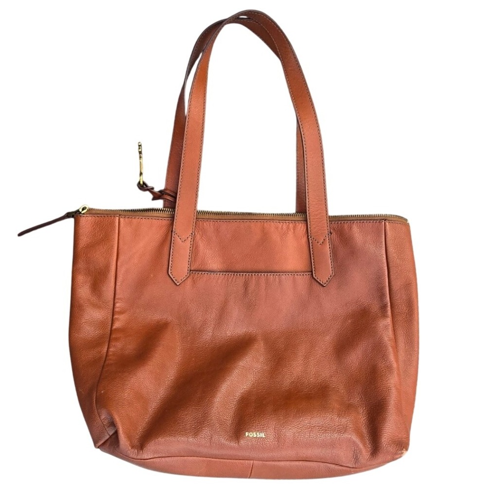 Fossil RACHEL Cognac Brown Cowhide Leather Tote Shoulder Bag Brass Hardware